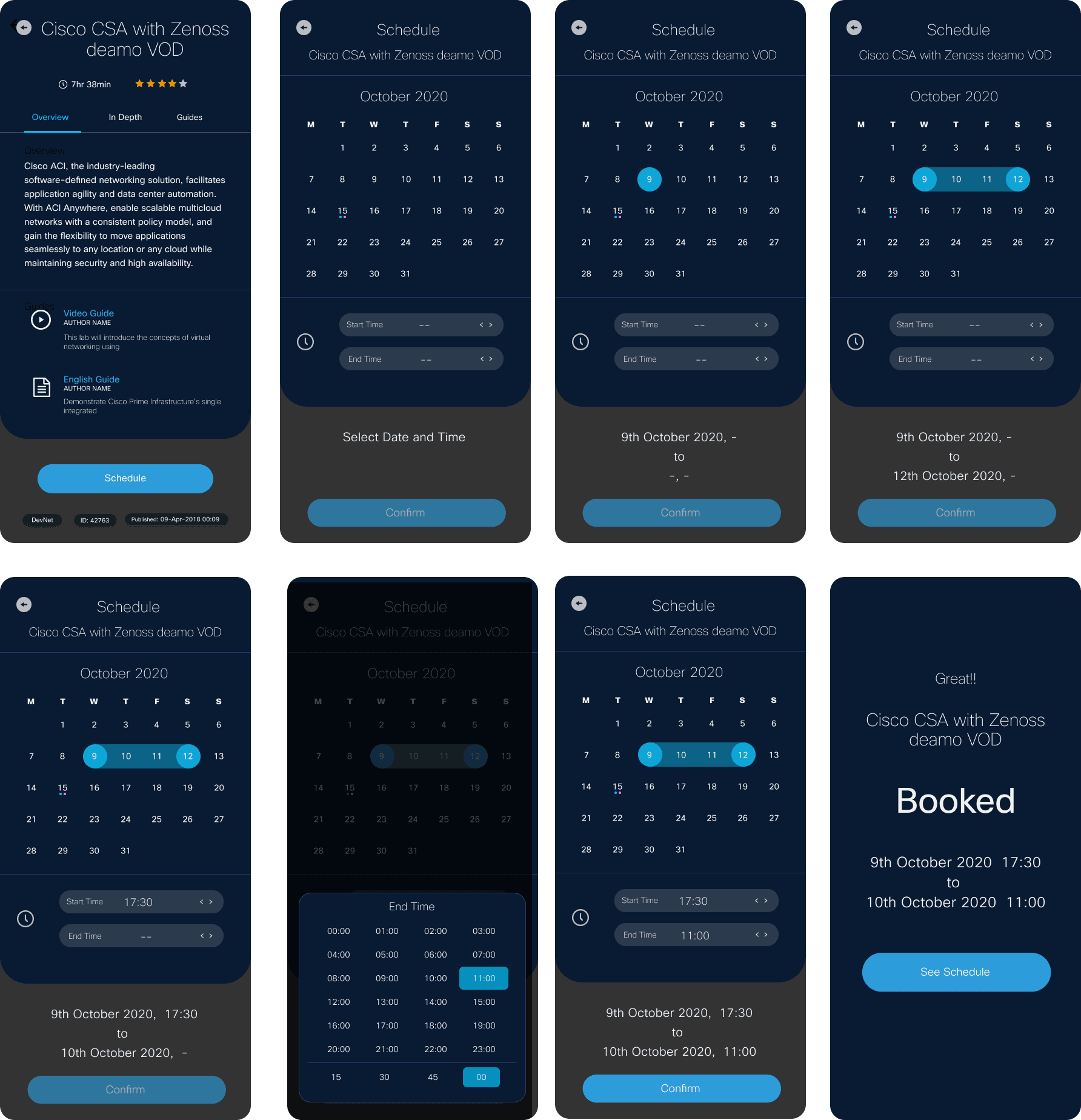 Demo Scheduling: final product screens across the booking flow