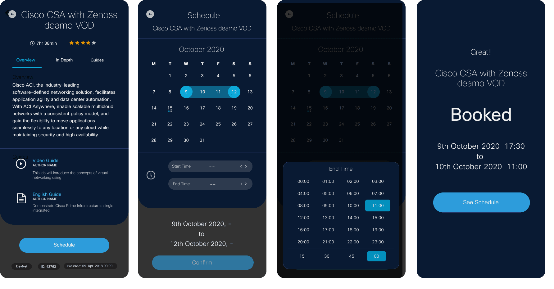 Demo Scheduling visual design: calendar and time picker screens