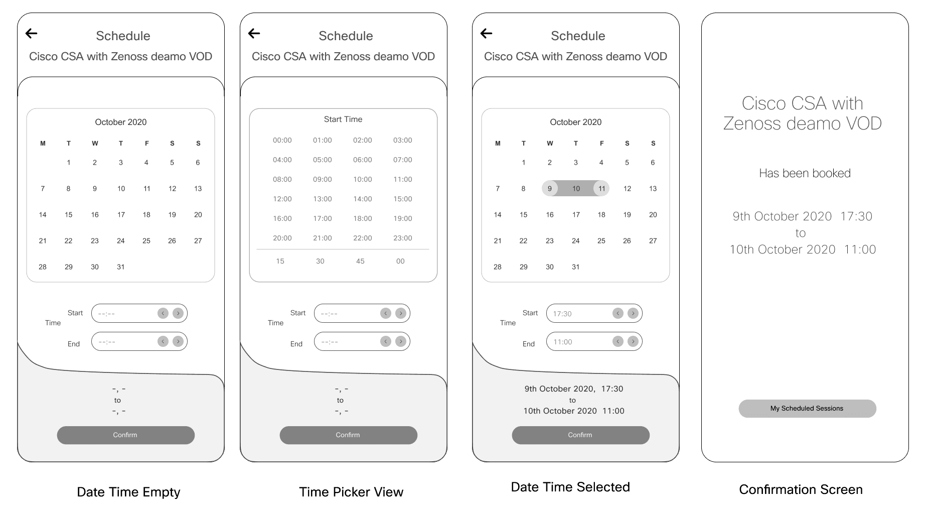Demo Scheduling wireframes: date/time selection and confirmation